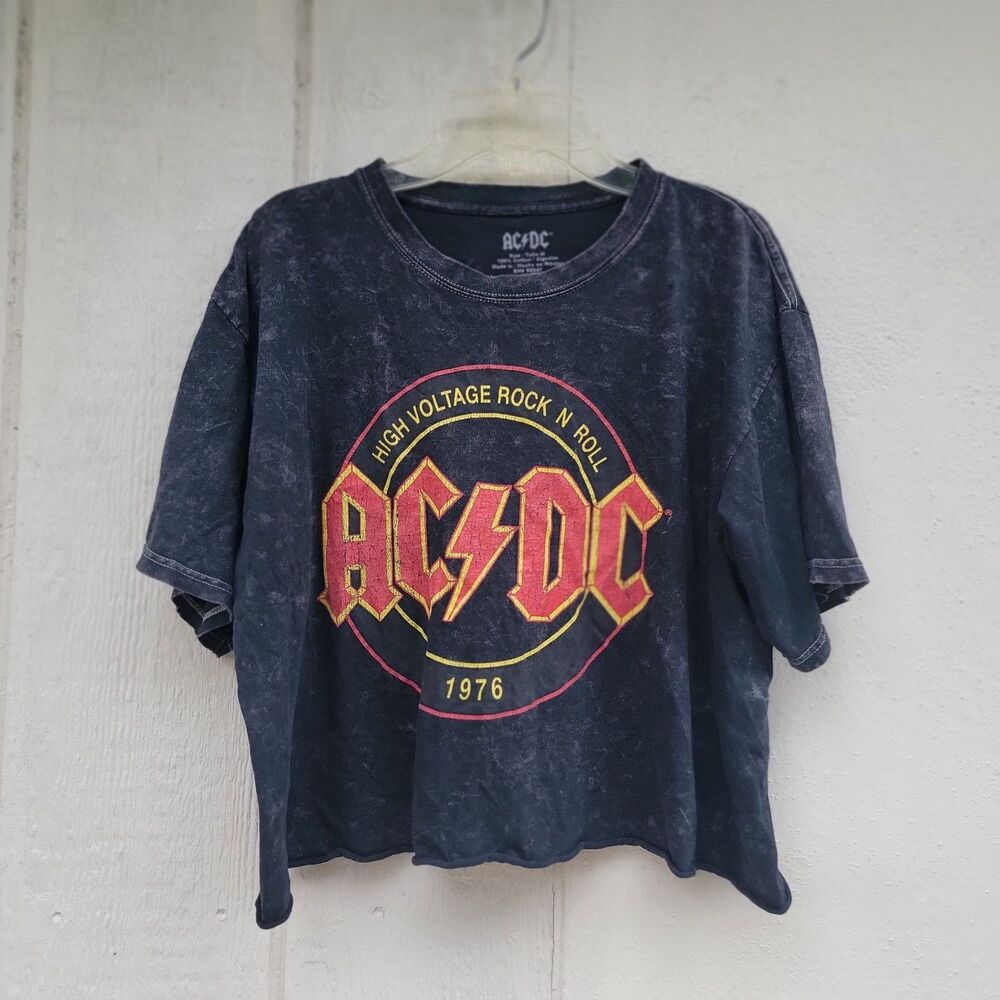 ACDC High Voltage Rock N Roll 1976 Retro Band T Shirt Womens Cropped Medium